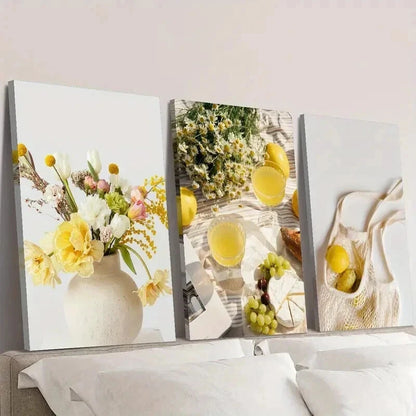 3pcs Lemon Grape Plants and Flowers Picnic Wall Art Set Canvas Framed 40x60cm - High Quality Print 100% Australian Made Wall Canvas Ready to Hang