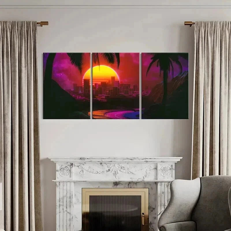 3pcs Sunset Cityscape Vaporwave Aesthetic Wall Art Set Canvas Framed 40x60cm - High Quality Print 100% Australian Made Wall Canvas Ready to Hang
