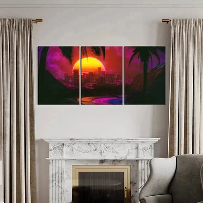 3pcs Sunset Cityscape Vaporwave Aesthetic Wall Art Set Canvas Framed 40x60cm - High Quality Print 100% Australian Made Wall Canvas Ready to Hang