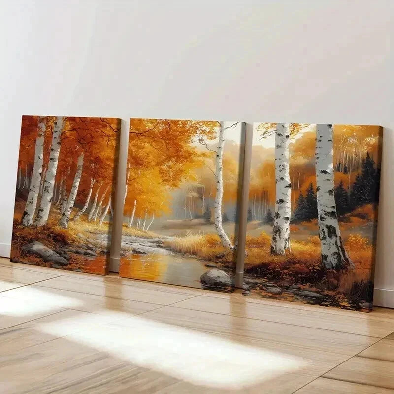 3pcs Autumn Birch Trees Golden Leaves Wall Art Set Canvas Framed 40x60cm - High Quality Print 100% Australian Made Wall Canvas Ready to Hang