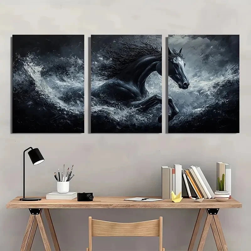 3pcs Abstract Horse Oil Paintings Black & White Metal Print Ready to Hang Art