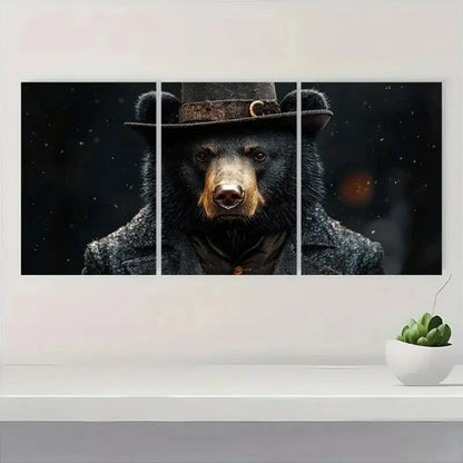 3pcs Charming Black Bear in Top Metal Print Ready to Hang Art
