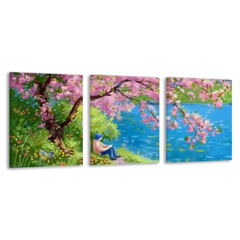 3pcs A Peaceful Afternoon Under The Blossoms Wall Art Set Canvas Framed 40x60cm - High Quality Print 100% Australian Made Wall Canvas Ready to Hang