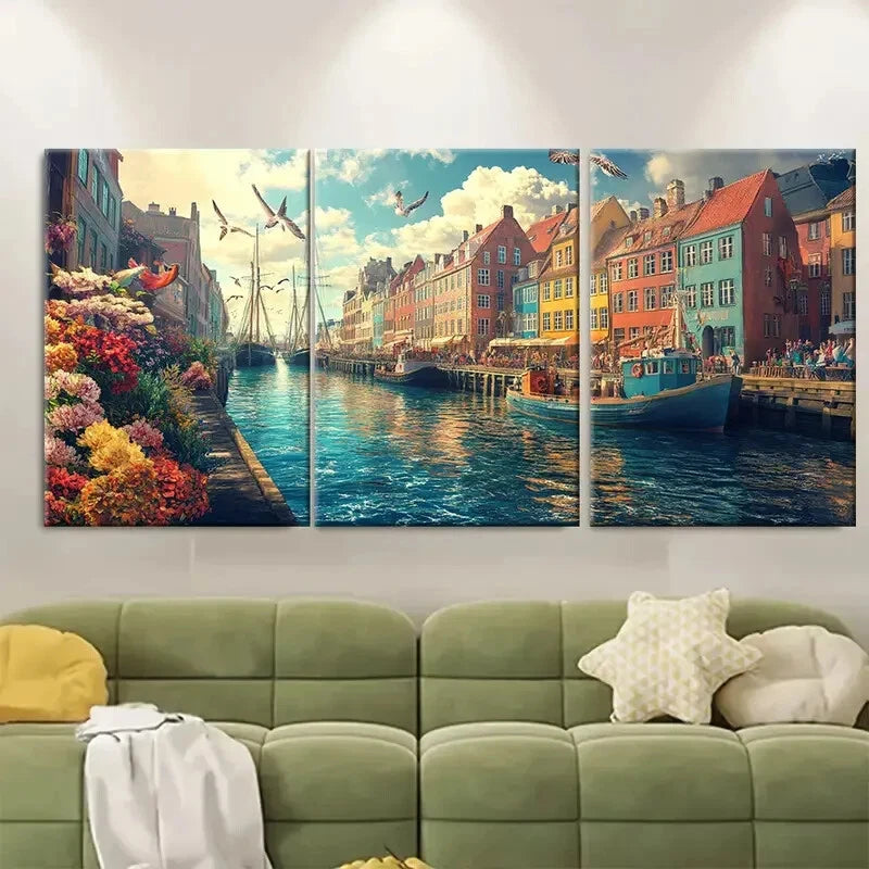 3pcs Scenic Landscape with Colorful Buildings Metal Print Ready to Hang Art