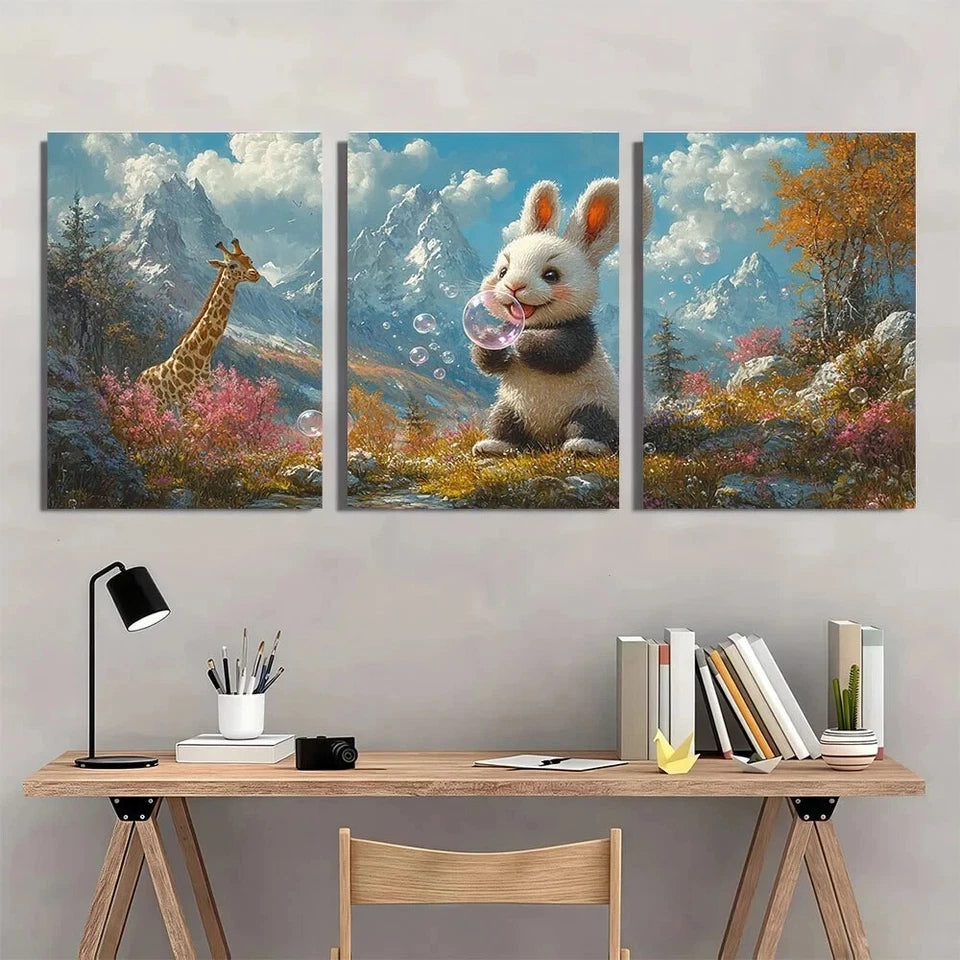 3pcs Pink Bubble Panda Rabbit Giraffe Metal Print Ready to Hang Art