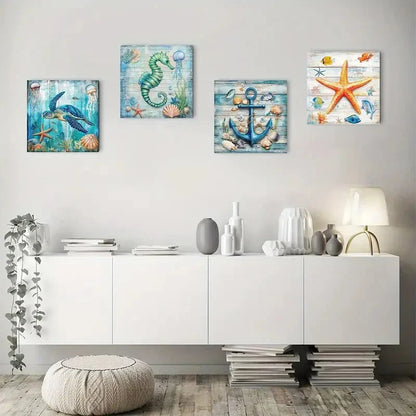 4pcs Blue Beach Bathroom Teal Nautical Sea Turtl Wall Art Canvas Framed