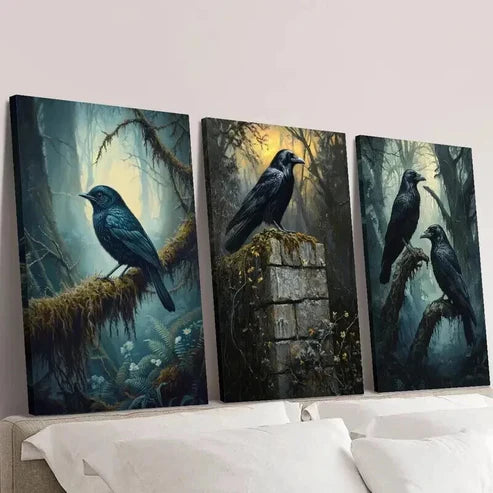 3pcs Gothic Forest Triptych with Crow Wall Art Set Canvas Unframed - High Quality Print 100% Australian Made Wall Canvas