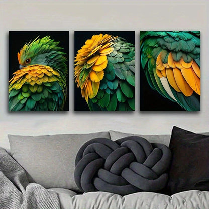 3pcs Parrot With Green Feathers Metal Print Ready to Hang Art