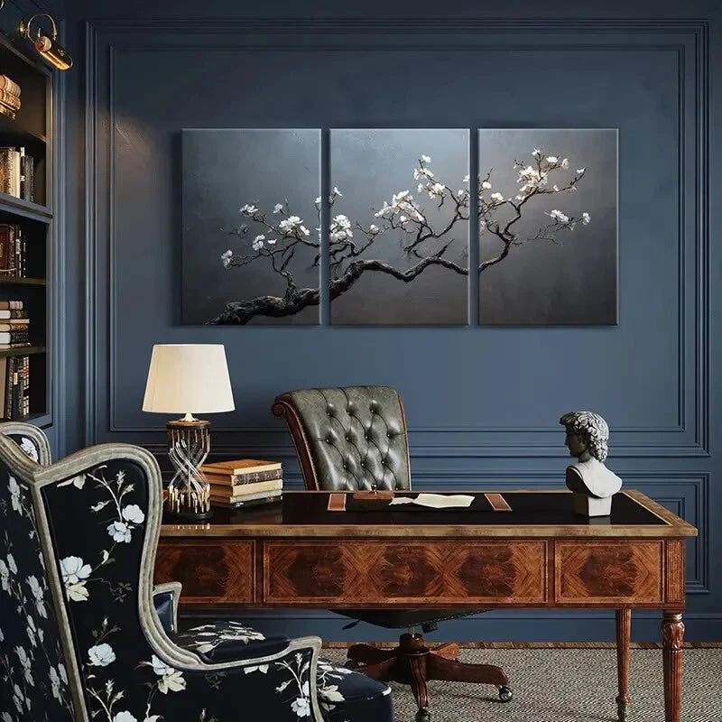 3pcs Artistic Blossom Branch with White Flowers Metal Print Ready to Hang Art