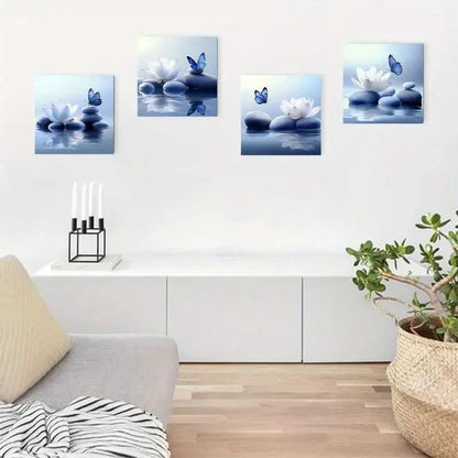 4pcs Flower And Blue Butterfly On Lake Picture Wall Art Canvas Framed