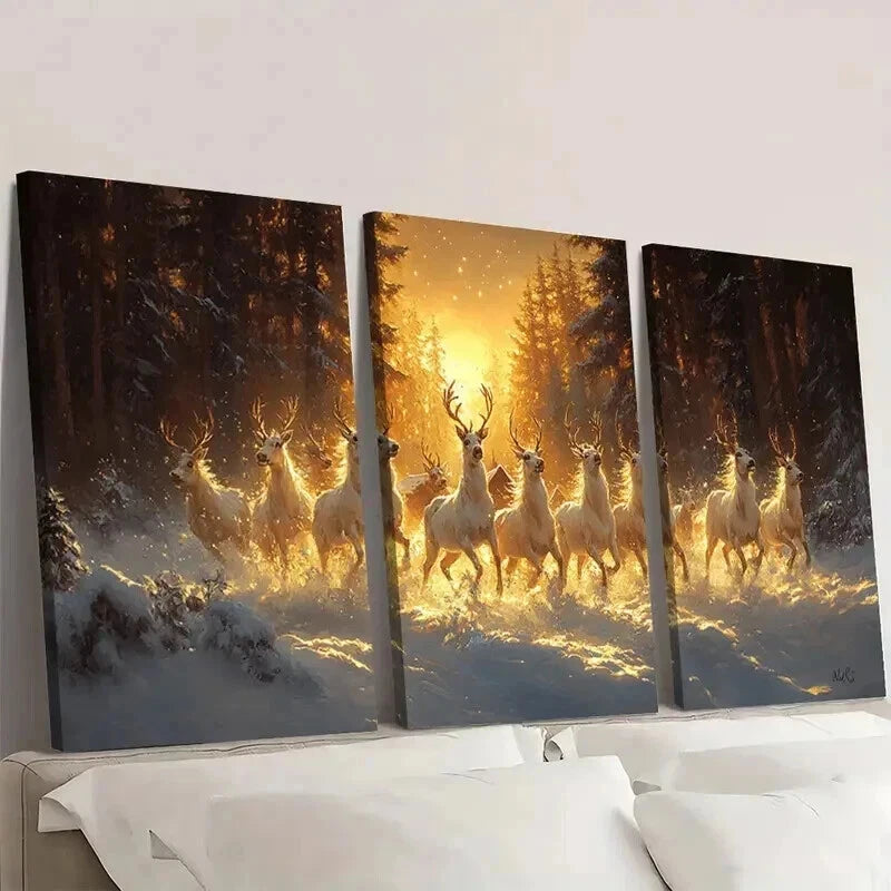 3pcs Charming Winter Village with Snow Deer Wall Art Set Canvas Framed 40x60cm - High Quality Print 100% Australian Made Wall Canvas Ready to Hang