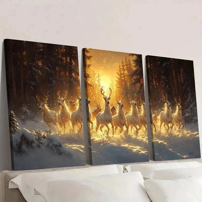 3pcs Charming Winter Village with Snow Deer Wall Art Set Canvas Framed 40x60cm - High Quality Print 100% Australian Made Wall Canvas Ready to Hang
