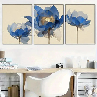 3pcs Vibrant Blue & White Lotus Flower Wall Art Set Canvas Framed 40x60cm - High Quality Print 100% Australian Made Wall Canvas Ready to Hang