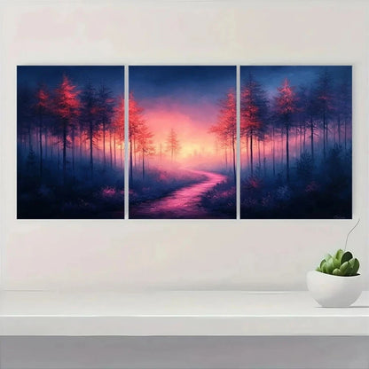 3pcs Modern Abstract Forest Pink Pathway Metal Print Ready to Hang Art