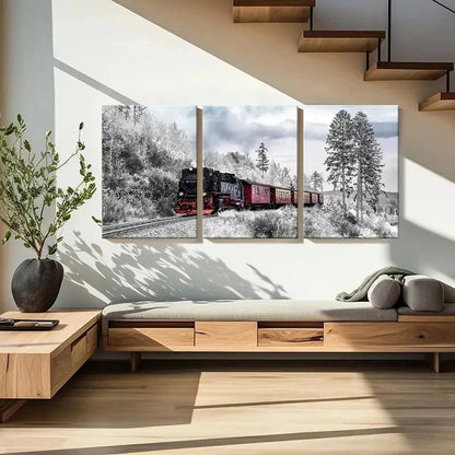 3pcs Winter Nature Snow Scene Steam Train Wall Art Set Canvas Framed 40x60cm - High Quality Print 100% Australian Made Wall Canvas Ready to Hang