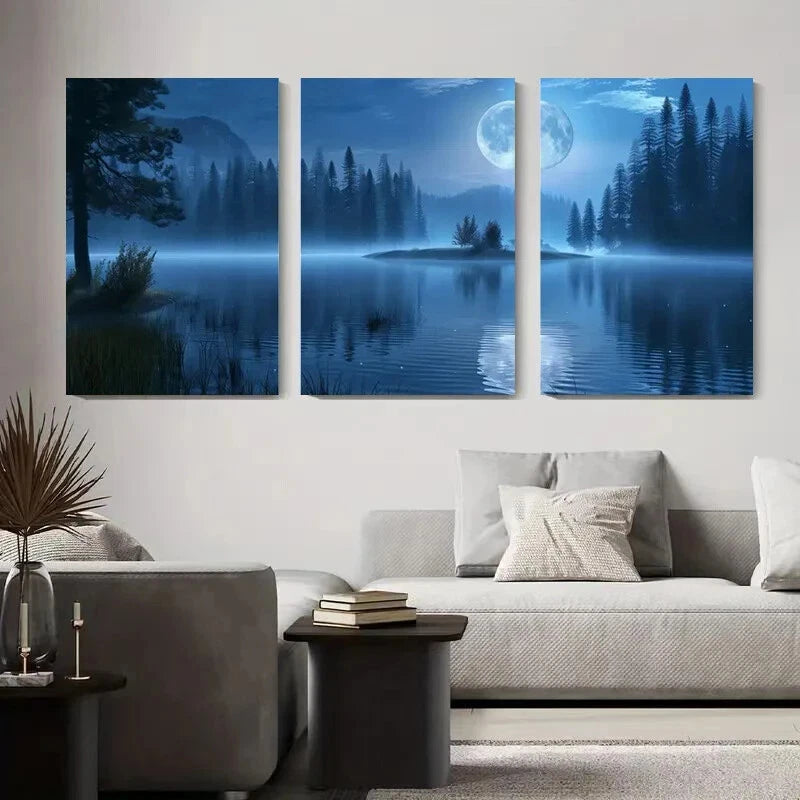3pcs Moonlit Forest Lake Blue Water & Full Moon Metal Print Ready to Hang Art