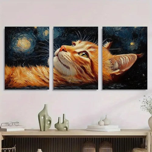 3pcs Starry Night Tabby Cats Orange & Black Metal Print Ready to Hang Art