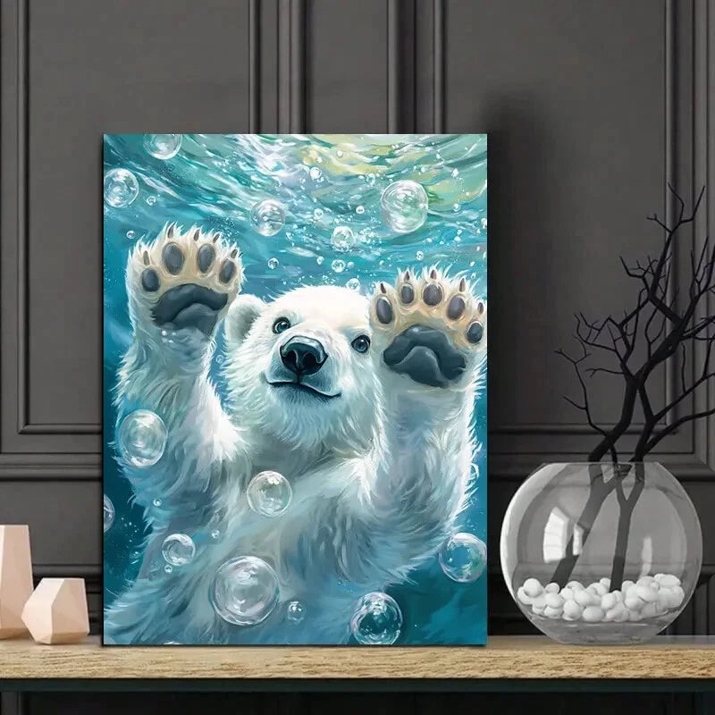 Adorable Polar Bear Swimming in Water Painting 40x60cm Metal Print Ready to Hang