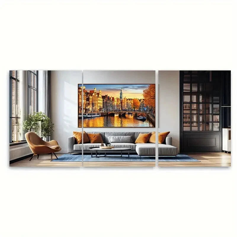 3pcs Vibrant European Cityscape with Historic Metal Print Ready to Hang Art