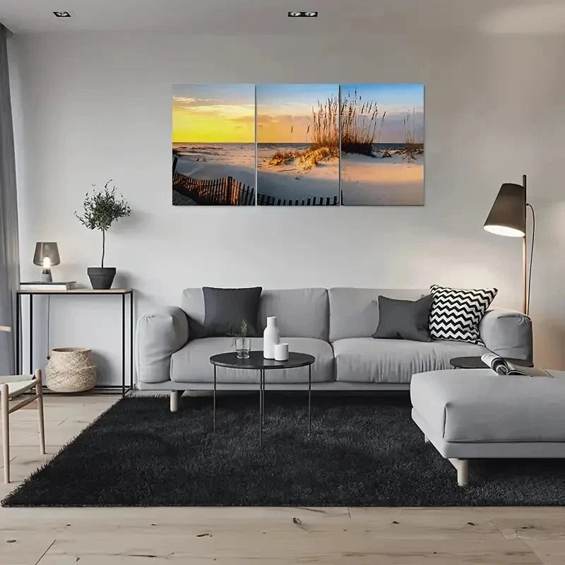 3pcs Beach Sunset Fence Grasses Metal Print Ready to Hang Art