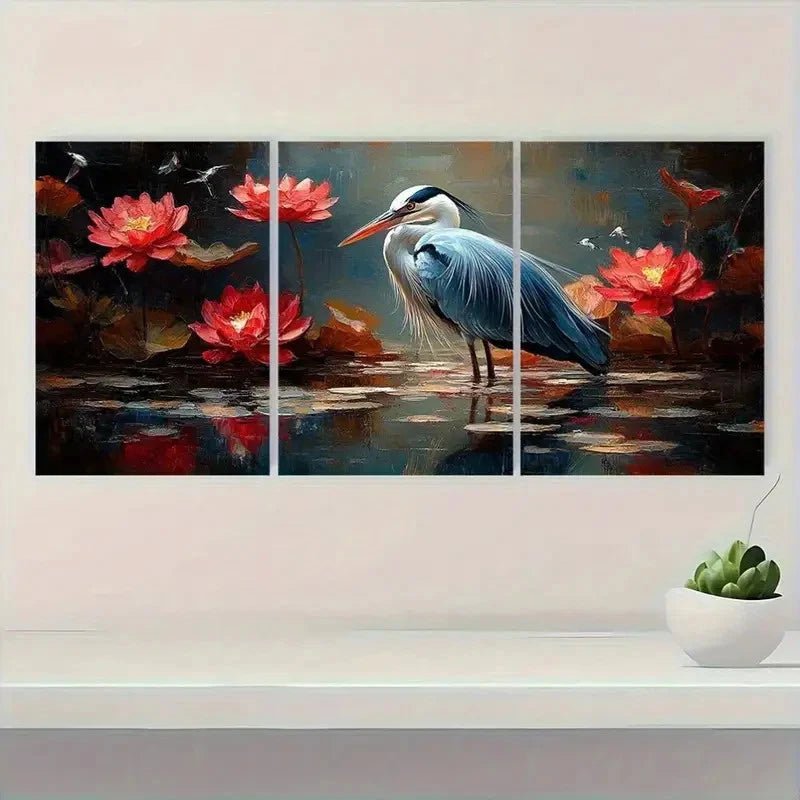 3pcs Blue Heron in Red Lotus Pond Scene Wall Art Set Canvas Framed 60x90cm - High Quality Print 100% Australian Made Wall Canvas Ready to Hang