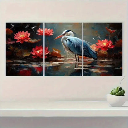 3pcs Blue Heron in Red Lotus Pond Scene Wall Art Set Canvas Framed 60x90cm - High Quality Print 100% Australian Made Wall Canvas Ready to Hang