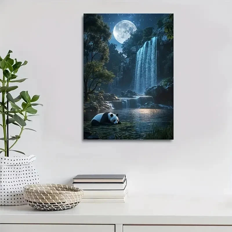 Realistic Panda & Waterfall Scene Painting 40x60cm Metal Print Ready to Hang