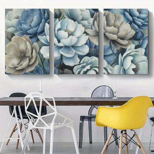 3pcs Blue Floral Elegant Blue & White Flowers Metal Print Ready to Hang Art