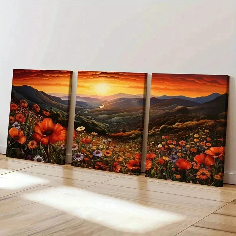3pcs Vibrant Sunset Mountain Flower & River Wall Art Set Canvas Framed 40x60cm - High Quality Print 100% Australian Made Wall Canvas Ready to Hang
