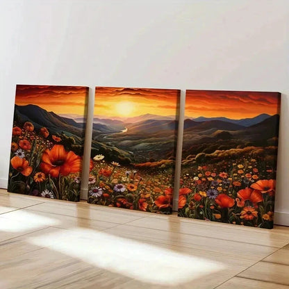 3pcs Vibrant Sunset Mountain Flower & River Wall Art Set Canvas Framed 40x60cm - High Quality Print 100% Australian Made Wall Canvas Ready to Hang