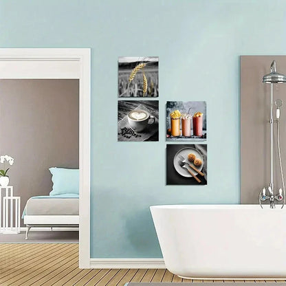 4pcs Coffee,Wheat,Smoothies,Desserts Black Wall Art Canvas Framed