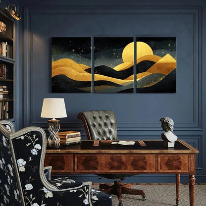 3pcs Moonlit Night Landscape Golden Waves Metal Print Ready to Hang Art