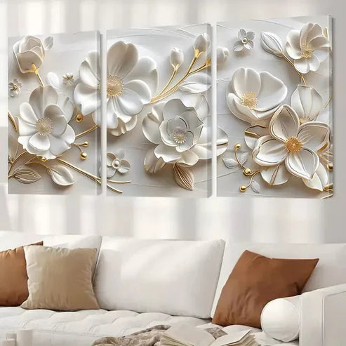 3pcs Floral Art Decorative White Flowers Wall Art Set Canvas Framed 60x90cm - High Quality Print 100% Australian Made Wall Canvas Ready to Hang
