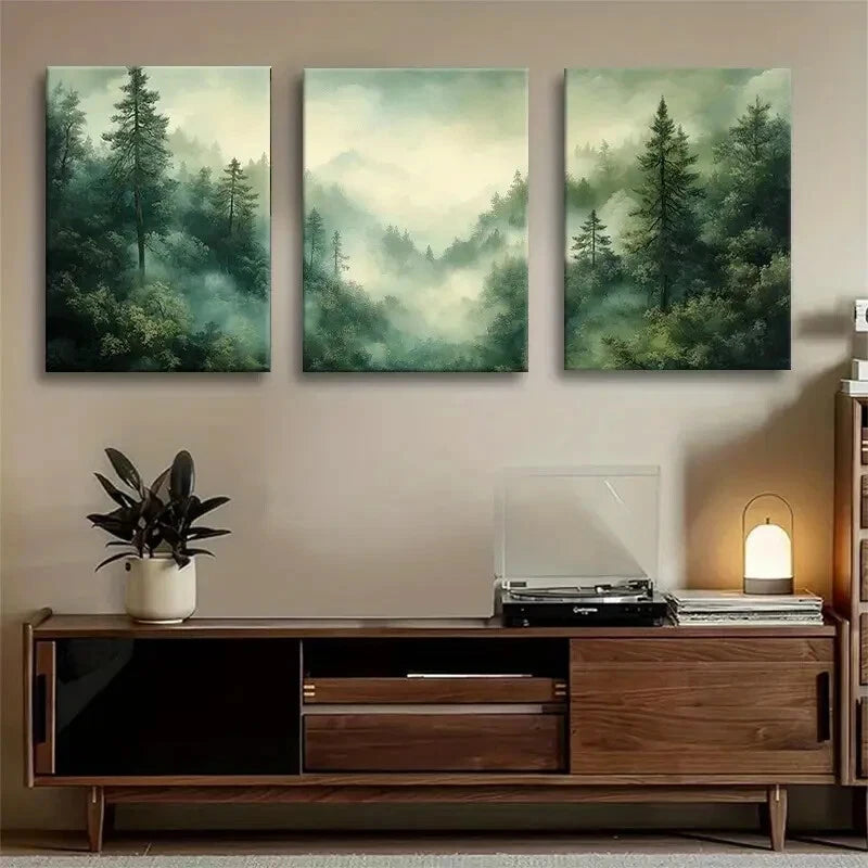 3pcs Misty Green Forest  Lush Greenery Perfect Wall Art Set Canvas Framed 40x60cm - High Quality Print 100% Australian Made Wall Canvas Ready to Hang