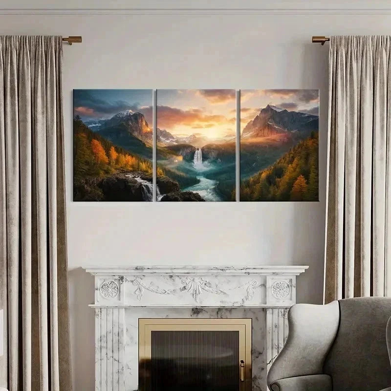 3pcs Valley Canyon Waterfall River Decor Wall Art Set Canvas Framed 40x60cm - High Quality Print 100% Australian Made Wall Canvas Ready to Hang
