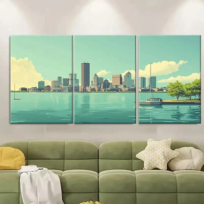 3pcs Boston Skyline Travel Poster Modern Eclectic Metal Print Ready to Hang Art