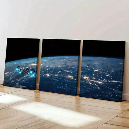3pcs Outer Space Earth Spaceship Design Wall Art Set Canvas Framed 40x60cm - High Quality Print 100% Australian Made Wall Canvas Ready to Hang