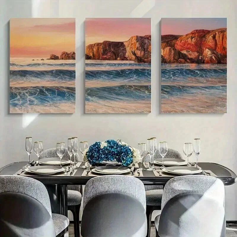 3pcs Vibrant Sunset Ocean Scene Coastal Decor Wall Art Set Canvas Framed 40x60cm - High Quality Print 100% Australian Made Wall Canvas Ready to Hang