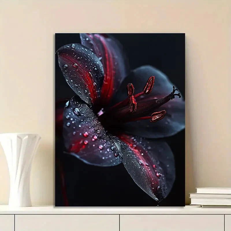 Black And Dark Red Flower with Raindrops Painting 40x60cm Metal Print Ready to Hang
