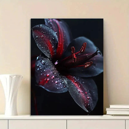 Black And Dark Red Flower with Raindrops Painting 40x60cm Metal Print Ready to Hang
