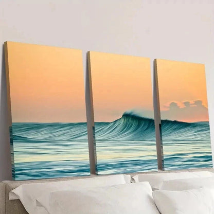 3pcs Ocean Waves and Orange Sky Landscape Wall Art Set Canvas Framed 40x60cm - High Quality Print 100% Australian Made Wall Canvas Ready to Hang
