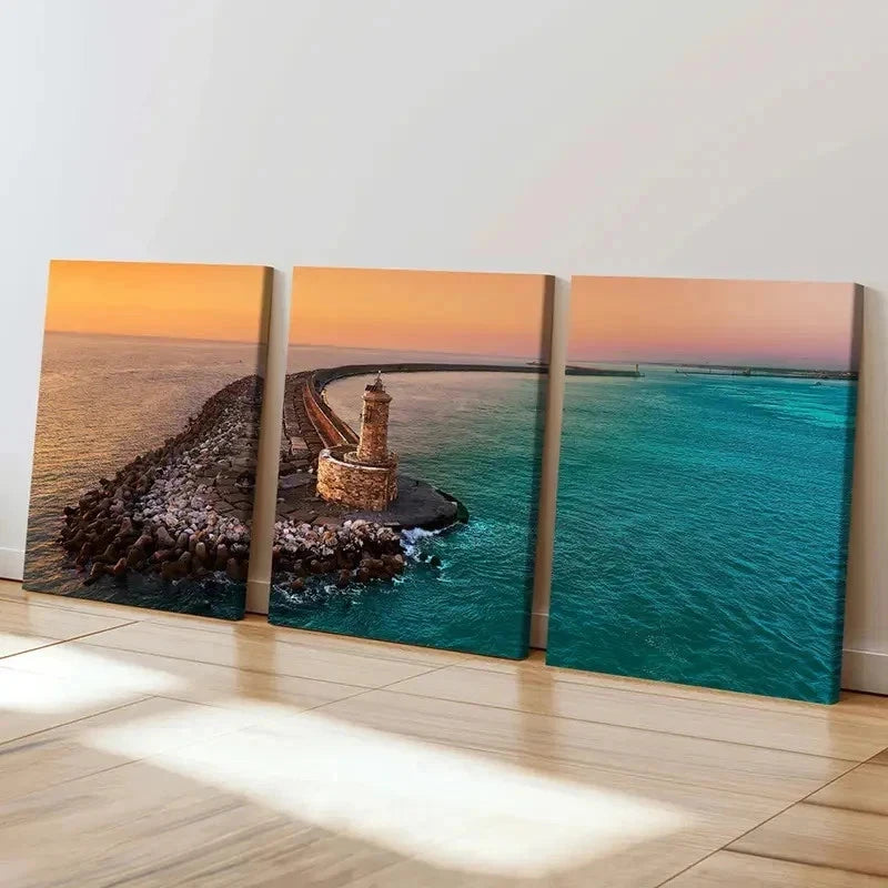 3pcs Sunset Sea Lighthouse Pier Modern Wall Art Set Canvas Framed 40x60cm - High Quality Print 100% Australian Made Wall Canvas Ready to Hang