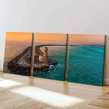 3pcs Sunset Sea Lighthouse Pier Modern Wall Art Set Canvas Framed 40x60cm - High Quality Print 100% Australian Made Wall Canvas Ready to Hang