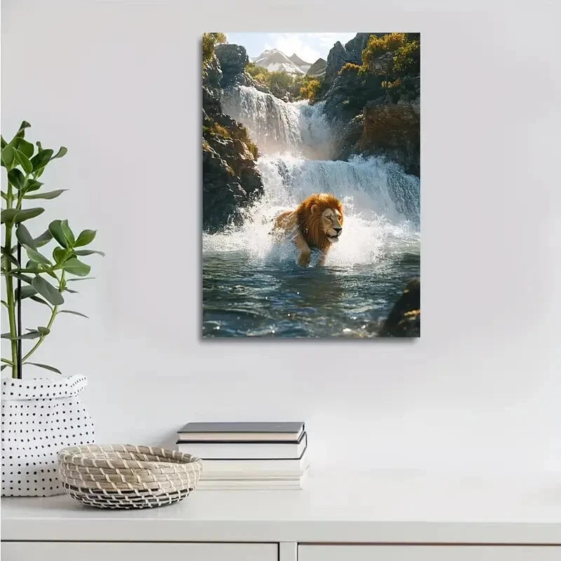 Lion Splashing In Crystal Clear Waterfall Painting 40x60cm Metal Print Ready to Hang