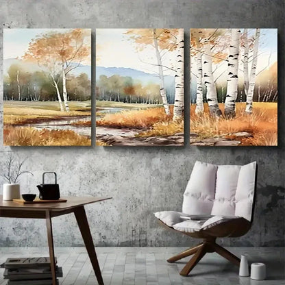 3pcs Tranquil Autumn Forest Scene with Birch Trees Metal Print Ready to Hang Art
