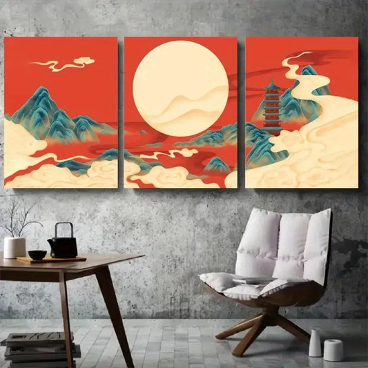 3pcs Chinese Zen Mountain Sun Wall Art Set Canvas Framed 60x90cm - High Quality Print 100% Australian Made Wall Canvas Ready to Hang