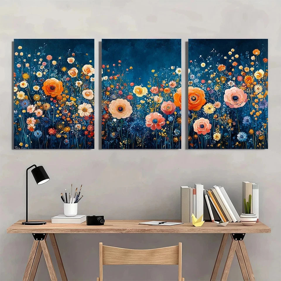 3pcs Vibrant Floral Design Blue Garden Wall Art Set Canvas Framed 50x70cm - High Quality Print 100% Australian Made Wall Canvas Ready to Hang