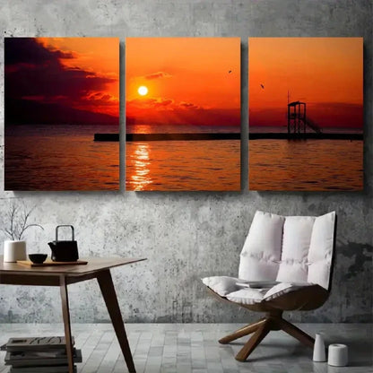 3pcs Scenic Seaside Pier and Vibrant Sky Metal Print Ready to Hang Art