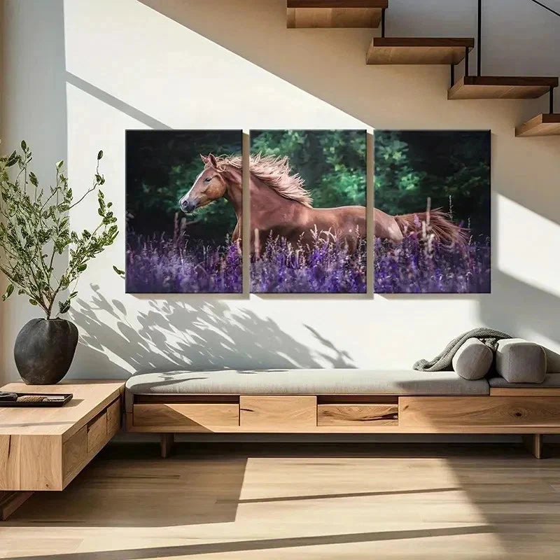 3pcs Horse in Lavender Bush Modern Wall Art Set Canvas Framed 40x60cm - High Quality Print 100% Australian Made Wall Canvas Ready to Hang