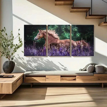 3pcs Horse in Lavender Bush Modern Wall Art Set Canvas Framed 40x60cm - High Quality Print 100% Australian Made Wall Canvas Ready to Hang